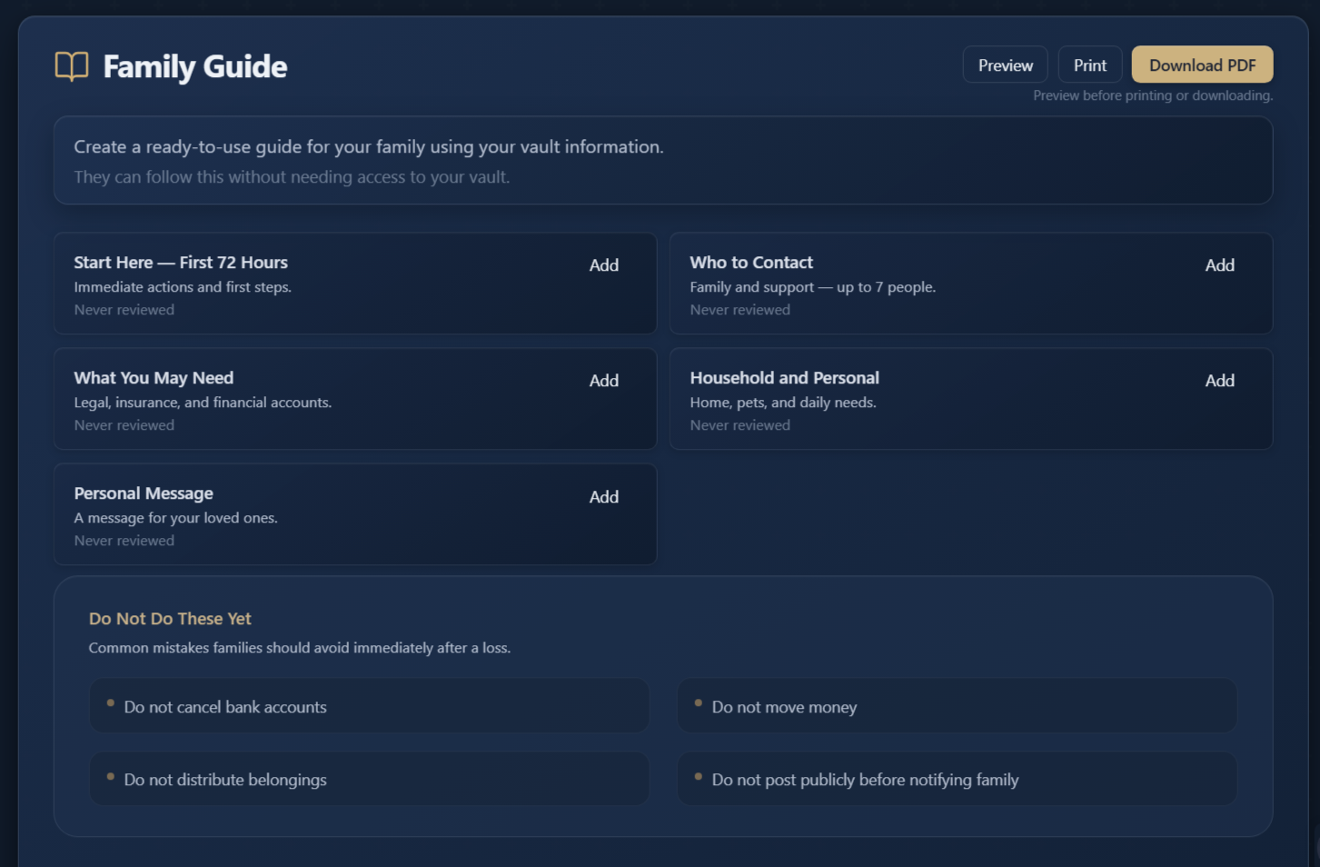 Family Guide builder in Local Legacy Vault