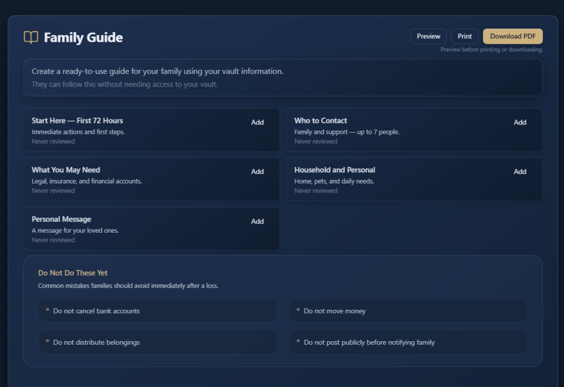 Family Guide builder in Local Legacy Vault