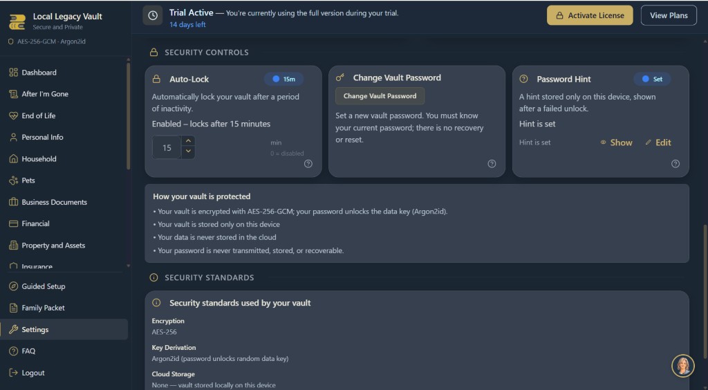Local Legacy Vault privacy and security controls