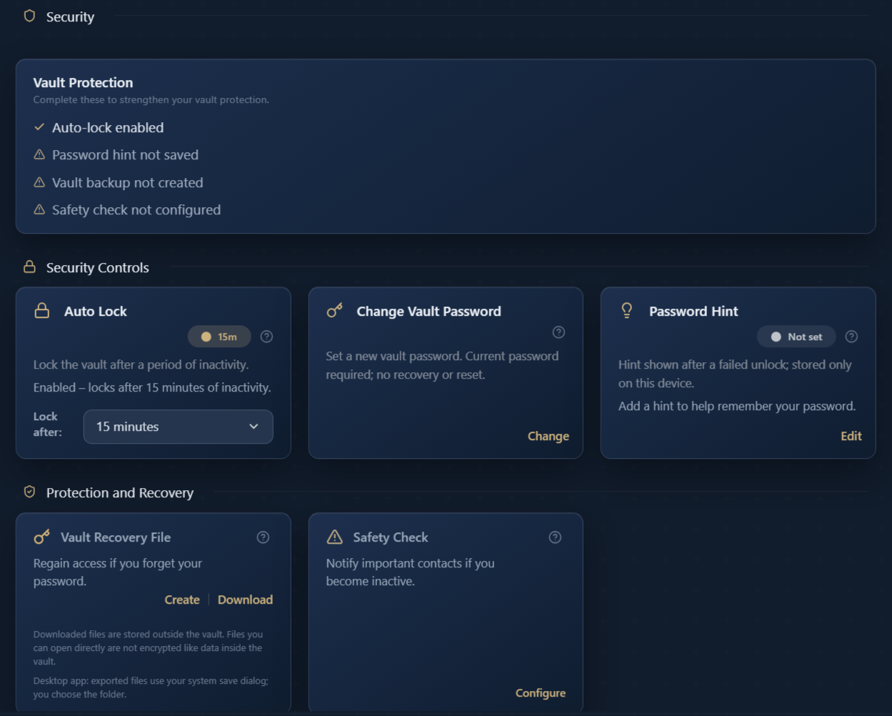 Security settings in Local Legacy Vault